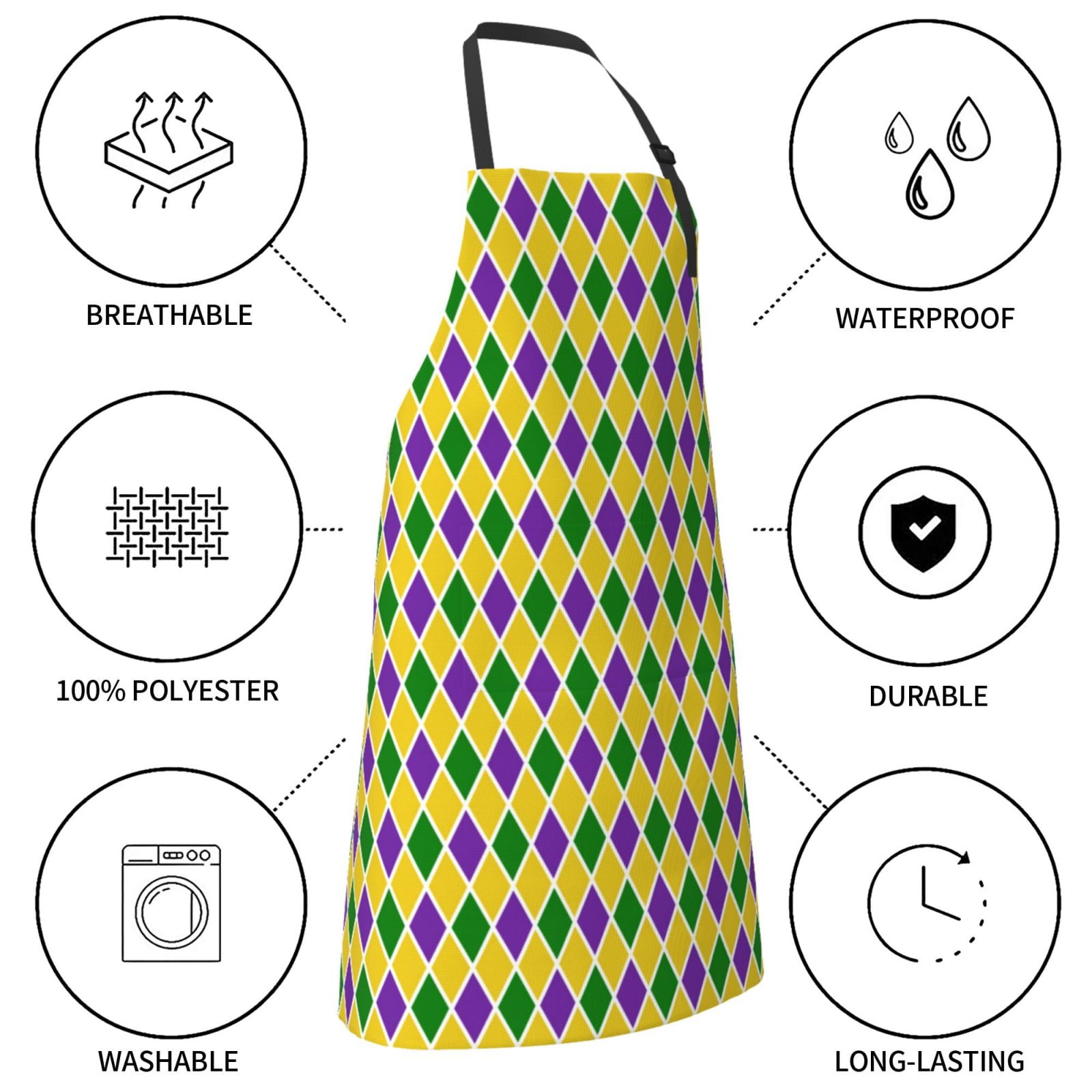Kdxio Mardi Gras Purple Yellow Plaid Apron with Pockets Adjustable Kitchen Aprons for Men Women Waterproof Aprons for Cooking,Drawing,Crafting, Baking Household Cleaning