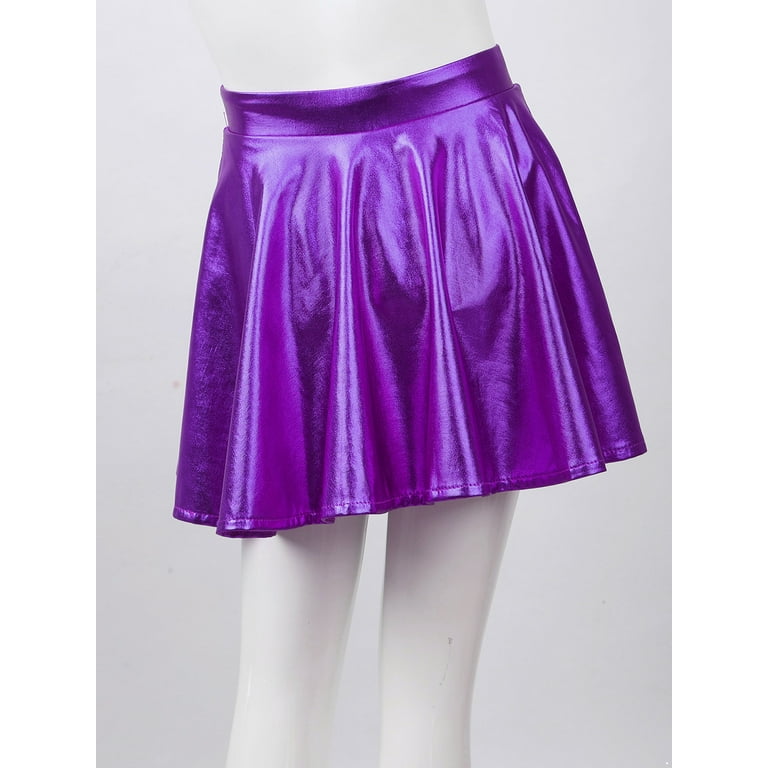 DPOIS Kids Girls Shiny Metallic Mini Pleated Flared Skater