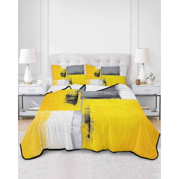 Quilts Full Size, Oil Painting Yellow Grey Soft Comforter Bedding Set for Bed, Abstract Modern Street Grunge Art Lightweight Quilted Bedspread with Pillow Cover(2 Pieces) for All Season, 78x90 Inch