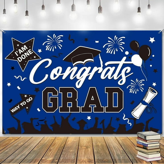 Graduation Backdrop 2024, Congrats Grad Banner Decorations, Navy Blue Graduation Decorations Class of 2024, Graduation Banner Backgrounds, College High School Graduation Photo Backdrops, 71x43inch