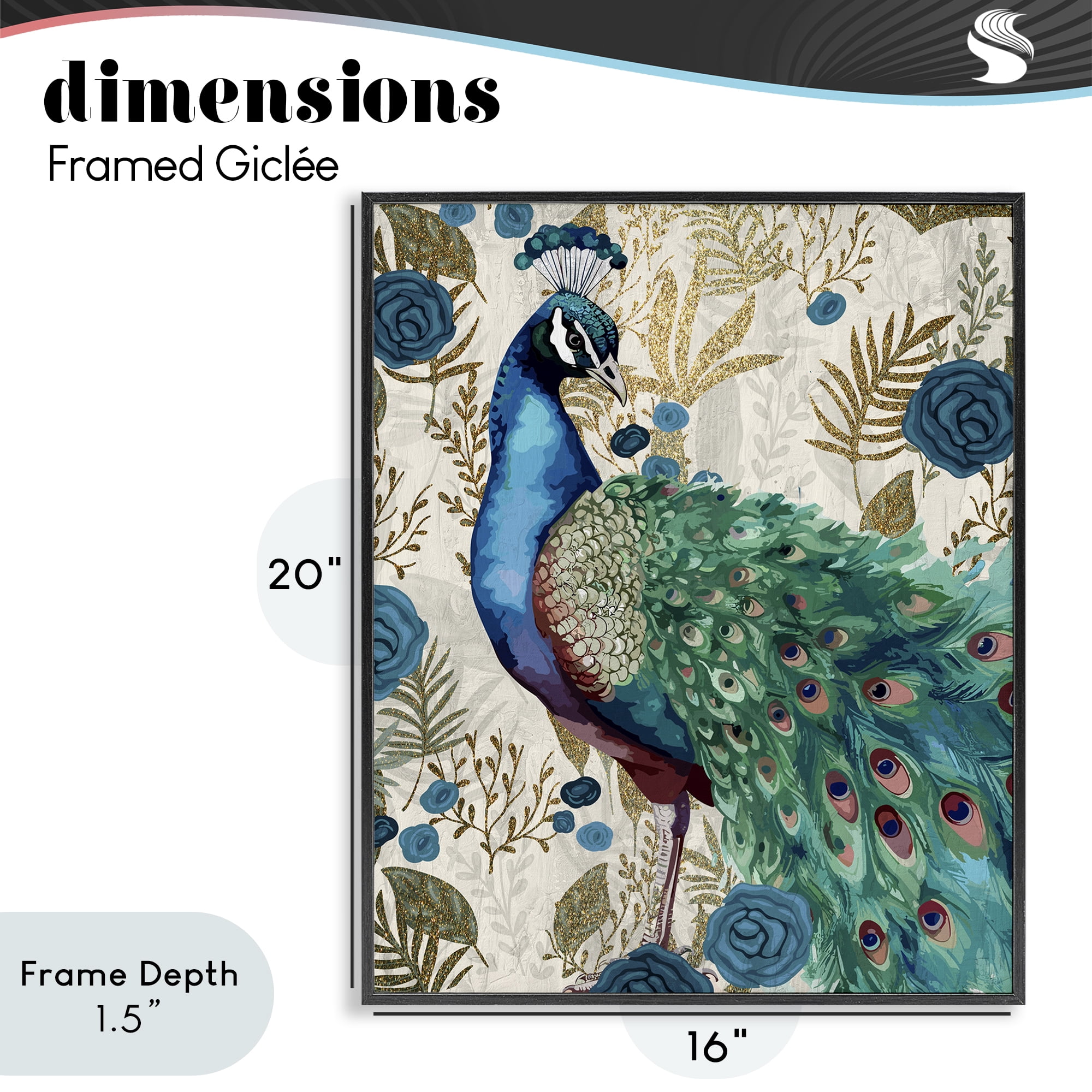 Stupell Industries Rococo Peacock Pride Black Framed Giclee Art, design by Kim Allen