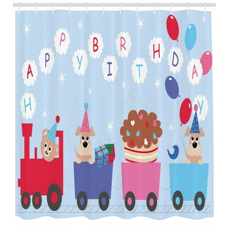 Cloud B Bear Birthday Decorations for Kids Shower Curtain, Baby Bear Dog in Train Balloons Clouds on Light Blue Backdrop, Fabric Bathroom Set with Hooks, 69W X 84L Inches Extra Long, Multicolor, by Ambesonne ()