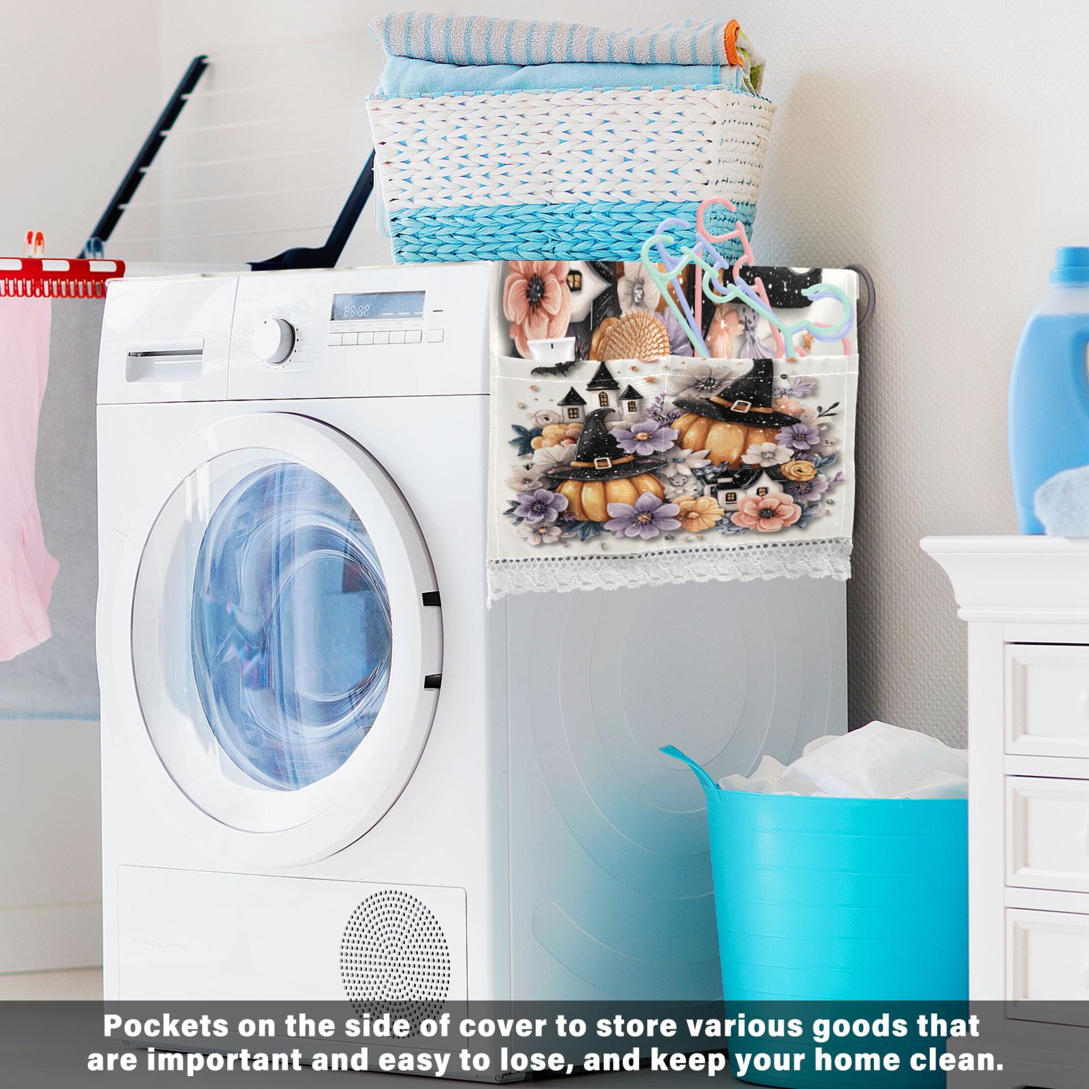 Dustproof Washing Machine Cloth Washer and Dryer Top Covers, Fridge Dust Cover, With Storage Bags Pumpkins and Witch Hats