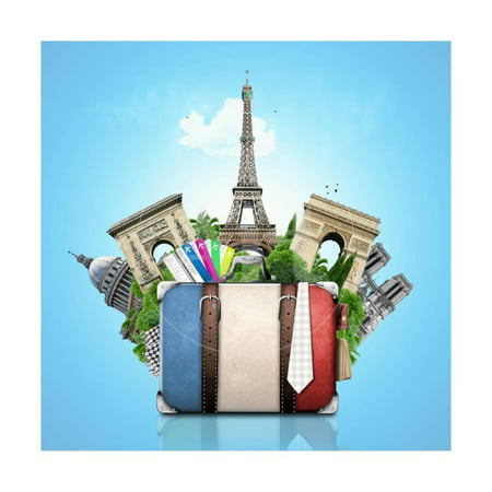 France and Attractions of Paris, Retro Suitcase Print Wall Art By
