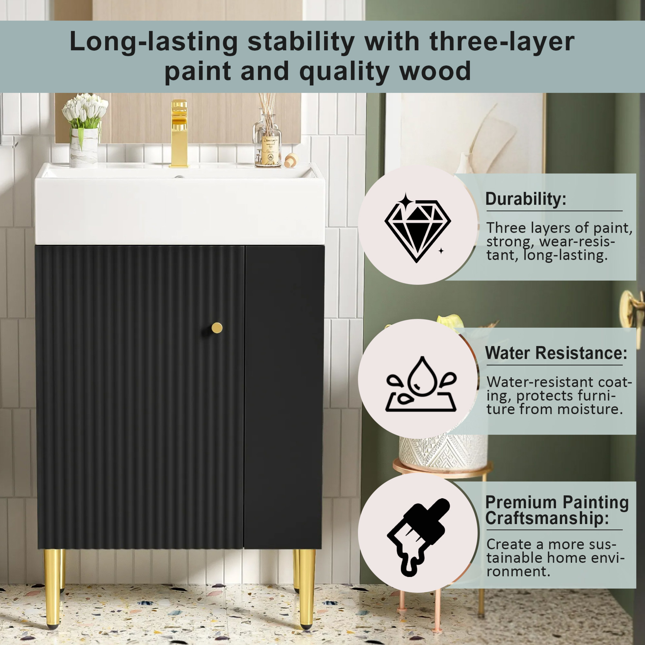 Noble House 21.6" Bathroom Vanity with Ceramic Sink, Right Side Storage Cabinet & Gold Metal Legs, Black