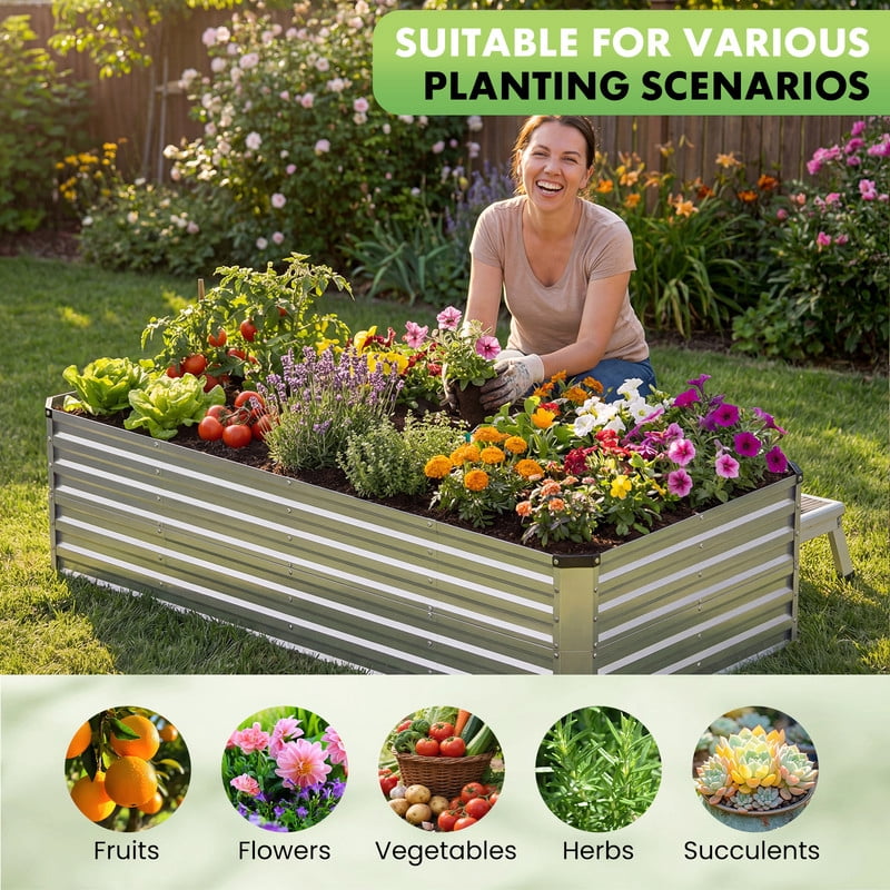Gianna Metal Raised Garden Bed, 8x4x2ft Outdoor Planter Box, Raised Garden Beds for Planting Plants Vegetables, Flowers, Silver