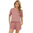 thumbnail image 1 of Ensemble de Pyjama en Tricot Gaufré pour Femmes, Haut à Manches Courtes et Shorts, Vêtements de Nuit avec Poches, 1 of 3