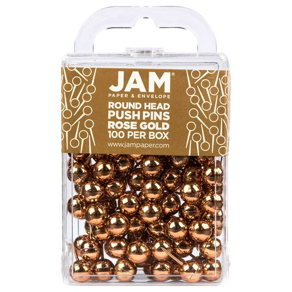 JAM Paper Push Pins, Round Head Map Tacks, 1 inch, Rose Gold, 100/Pack
