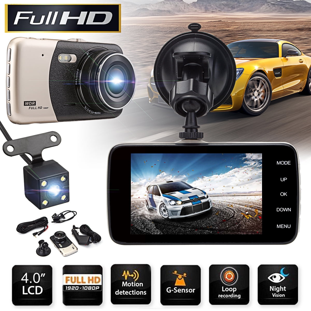 4/'/' Dual Lens Camera HD FHD 1080P Car DVR Vehicle Video Dash Cam 170° Driving