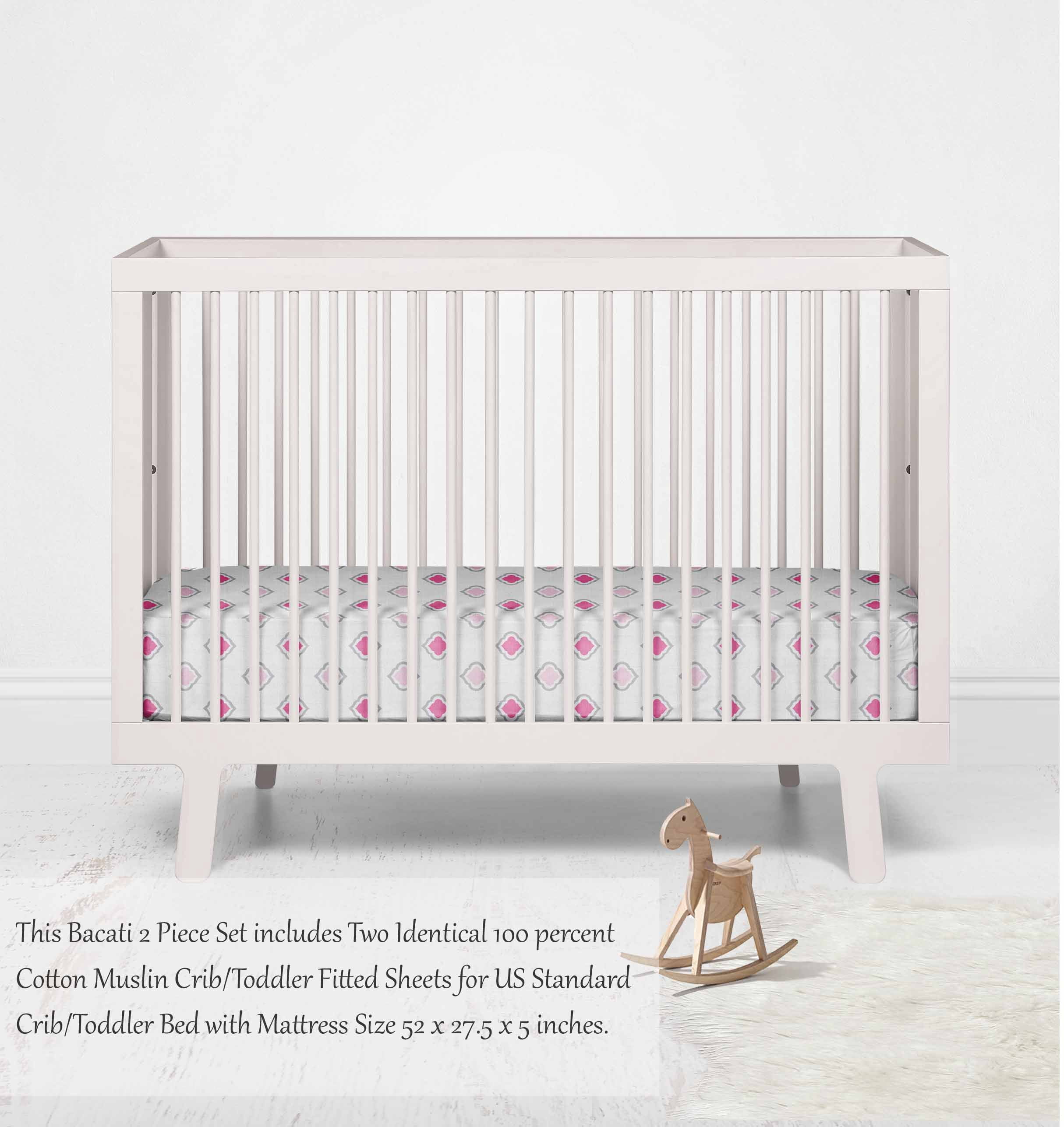 Bacati - Morocan Tiles Crib/Toddler Bed Fitted Sheets 100% Cotton Muslin 2 Pack, Pink/Gray