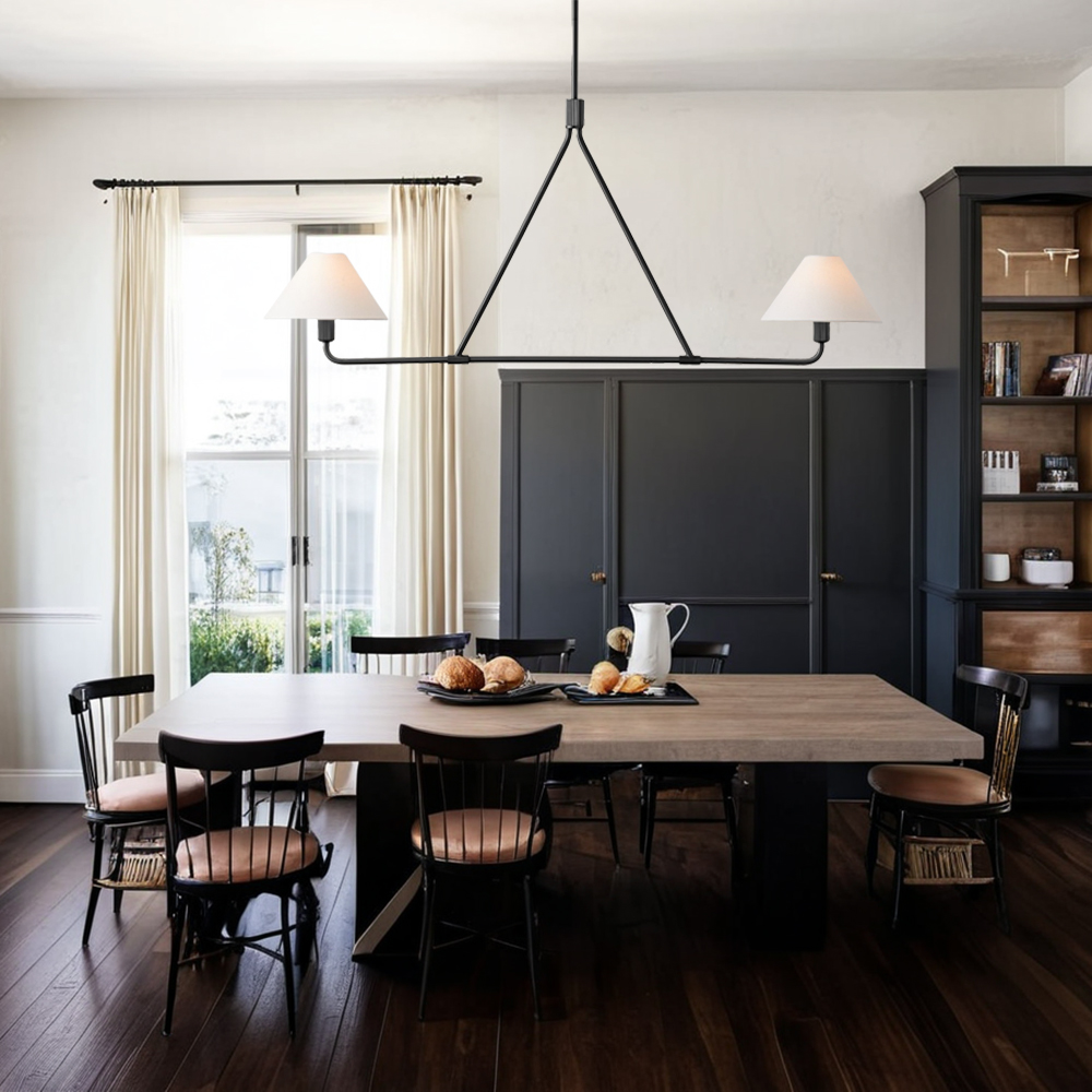 Natural Linen Pendant Light, Black Conical Light Fixture, 2-Light Ceiling Light with Tapered Shades, Ceiling Lamp for over Kitchen Island, Dining Room, Bedroom