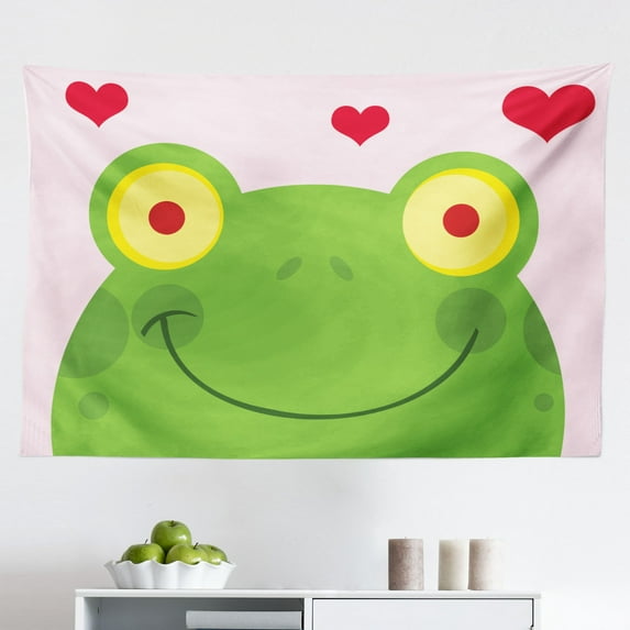 Frogs Tapestry, Happy Amphibian Animal in Nursery Cartoon Style on a Branch in Jungle, Fabric Wall Hanging Decor for Bedroom Living Room Dorm, 2 Sizes, Pastel Green Multicolor, by Ambesonne