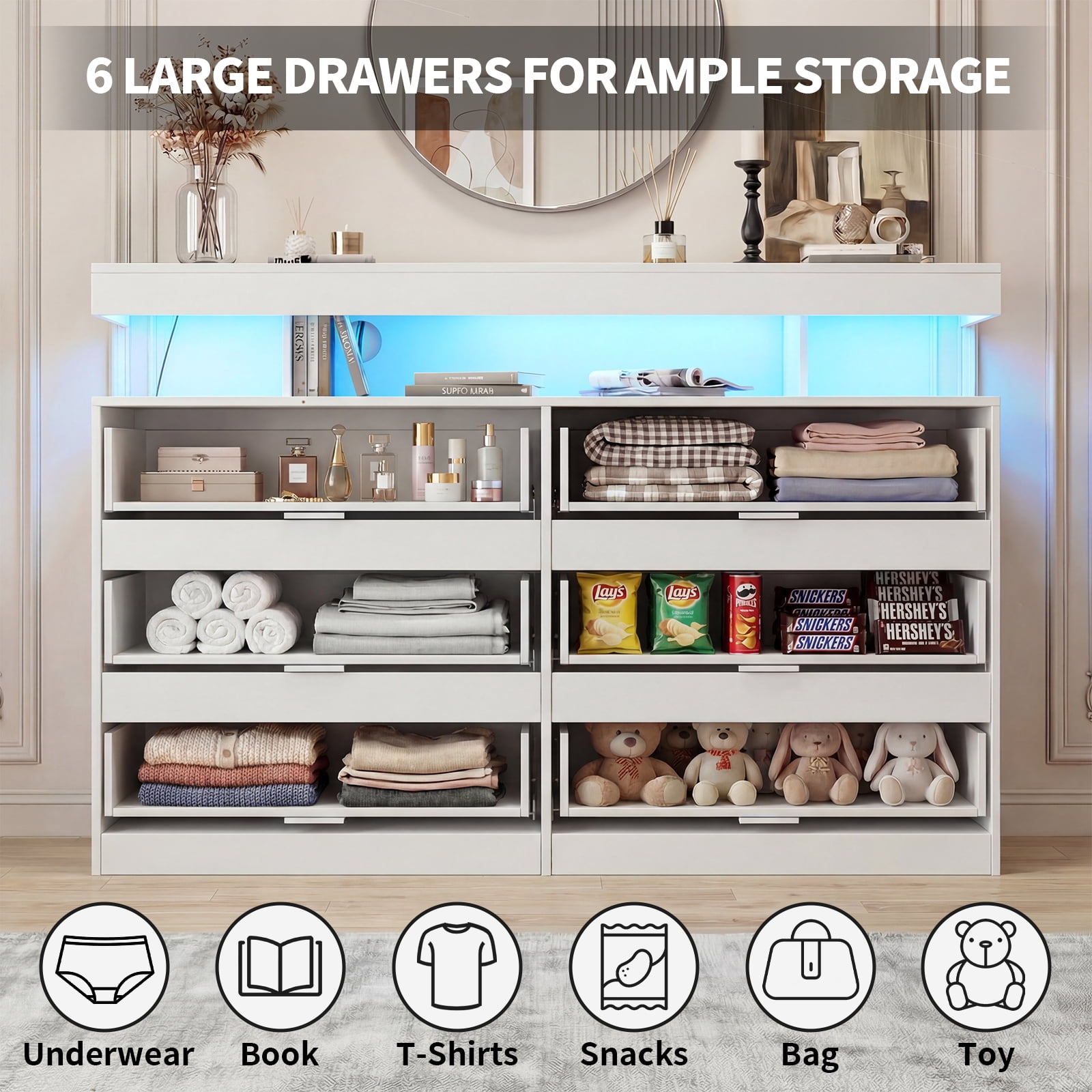 Hommpa White LED 6 Drawers Dresser for Bedroom, Chest of Drawers with Charging Station and LED Lights, TV Stand Tall Dresser for Closet, Wooden Modern Storage Cabinet for Living Room, Entryway