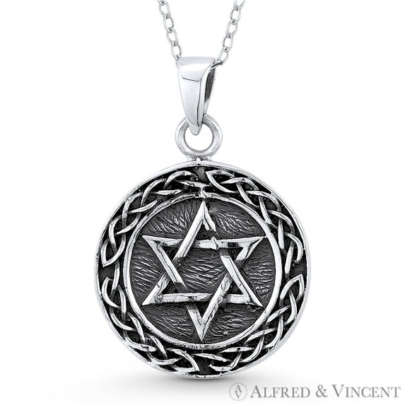Star of David & Braided Bali-Knot Circle Charm Pendant & Chain Necklace in Oxidized .925 Sterling Silver