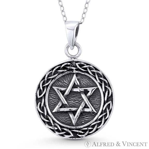 Star of David & Braided Bali-Knot Circle Charm Pendant in Oxidized .925 Sterling Silver