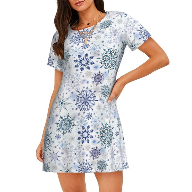 Balery Retro ice blue snowflakes Camisón de manga corta con cuello redondo para mujer, cómodo y elegante.