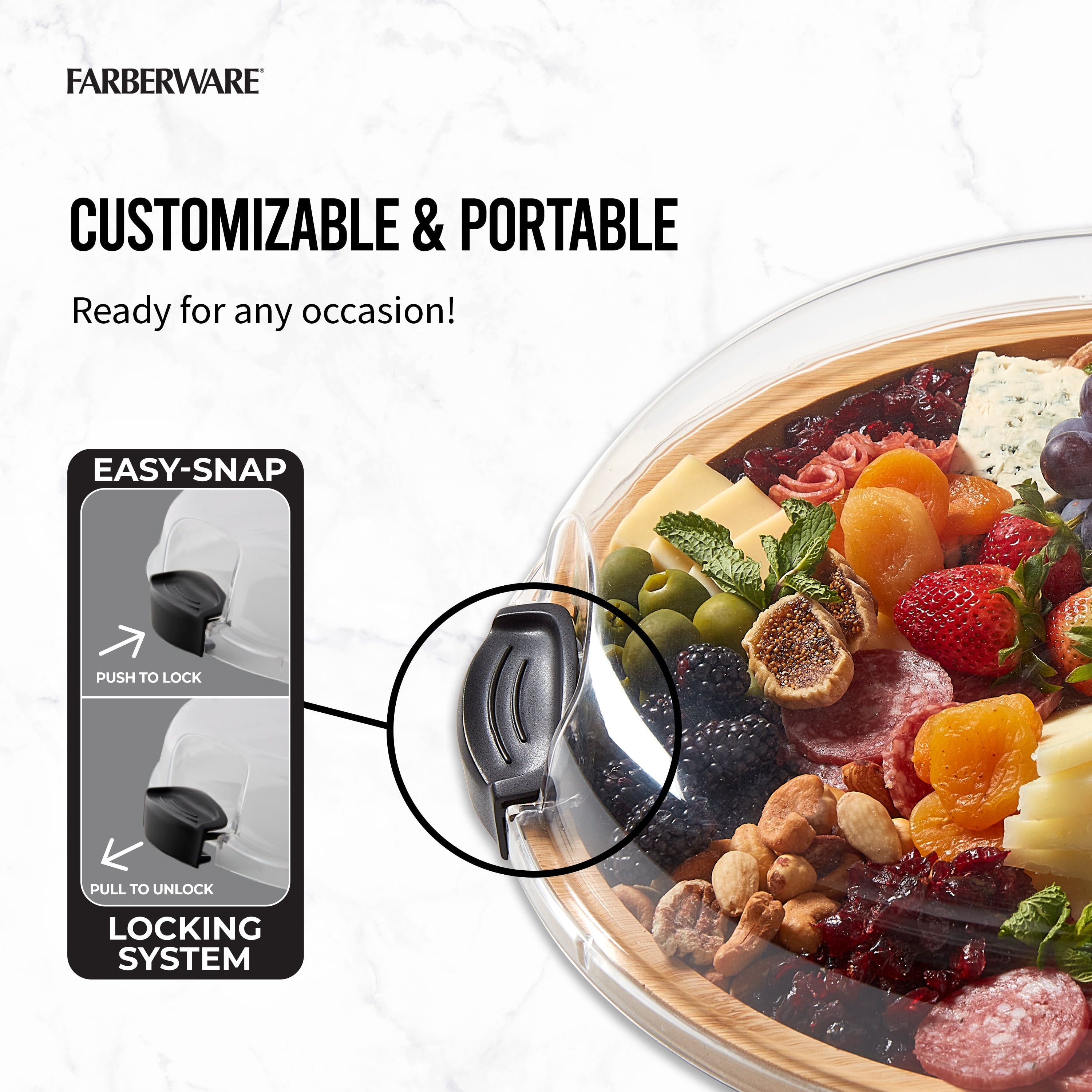 Farberware Build-a-Board 14 in Round Bamboo Charcuterie and Snack Board with Clear Locking Lid