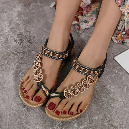 

uikmnh Women Shoes Fashion Women s Ethnic Style Sandals Bohemian Retro Simple Casual Comfortable Flat Shoes Black 7.5