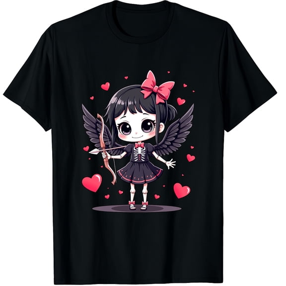 Gothic Anime Skeleton Cupid Dark Valentine Kawaii Graphic Black T-Shirt for Men and Women