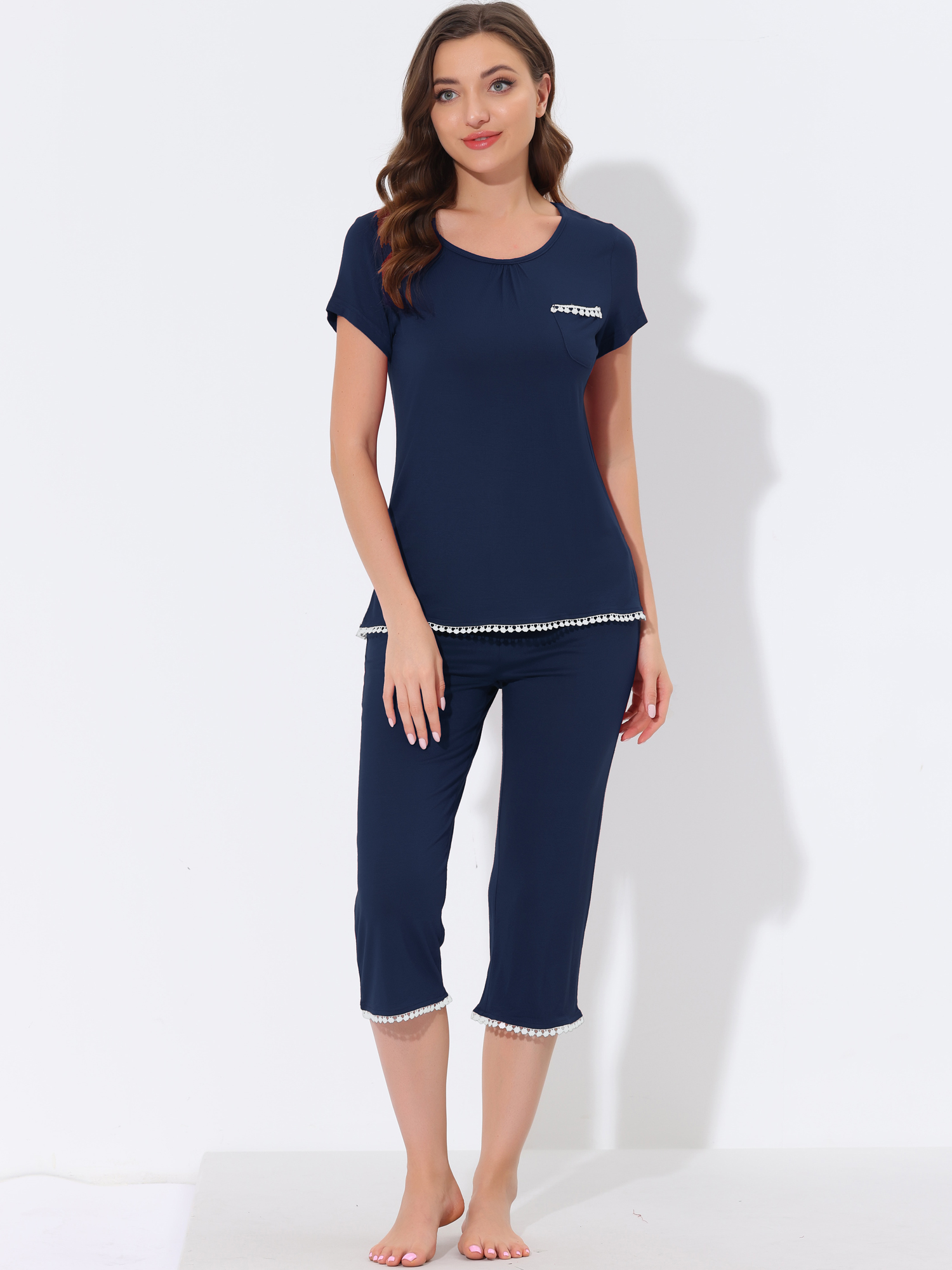 DARING DIVA Women's Round Neck Casual Pajama Sets M Navy Blue
