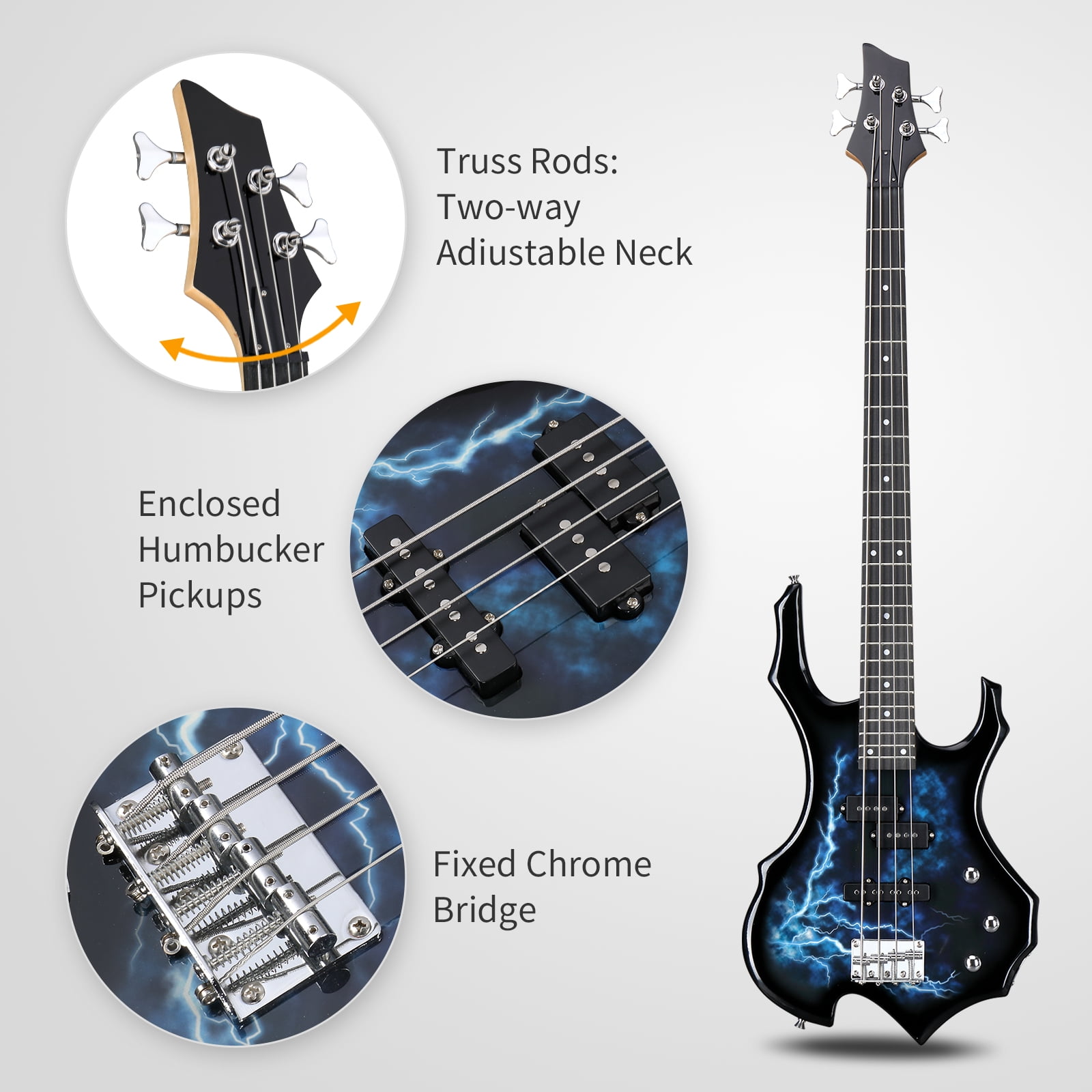 Glarry Full Size 4 String Electric Bass Guitar Burning Fire Tiger Stripe with SS Pickups and Amp, Blue