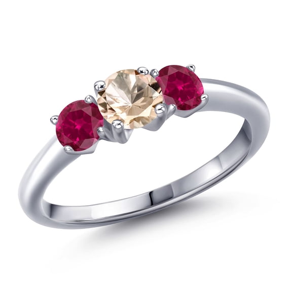 Gem Stone King 925 Sterling Silver Peach Morganite and Red Created Ruby Engagement Ring for Women | 0.90 Cttw | Round 5MM | Gemstone October Birthstone | Size 5
