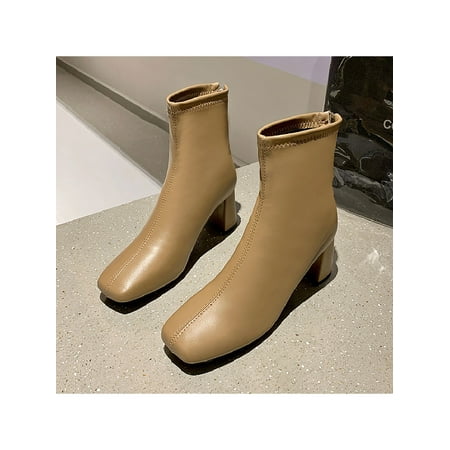 

Ferndule Ladies Booties Casual Fashion Boot Square Toe Ankle Boots Comfort Winter Bootie Walking Warm Shoes Chunky Breathable Khaki 9