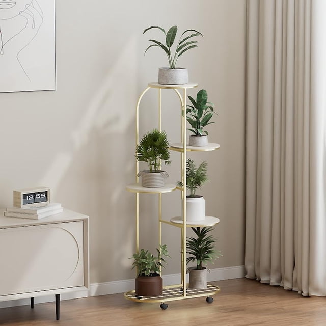 Mobile Multi-Tier Metal Plant Stand with Wheels - 5-Layer Sturdy Shelf for Multiple Potted Plants - Space-Saving Flower Rack for Living Room, Balcony, Patio, Garden - Champagne Gold