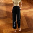 thumbnail image 6 of Linen Cotton Casual Pants for Women Travel Ready Home Lounge Drawstring Waist Summer with Pockets Straight Leg Pants Black B S, 6 of 7
