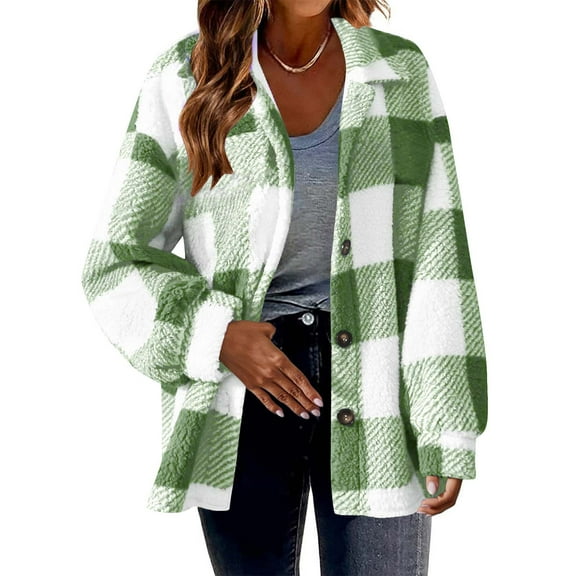 Dxzfnsa Women's Flannel Plaid Shacket 2025 Fall Outfits Long Sleeve Button Down Shirts Jacket Coats with Side Pockets Long Sleeve Shirts for Women,Army Green-S