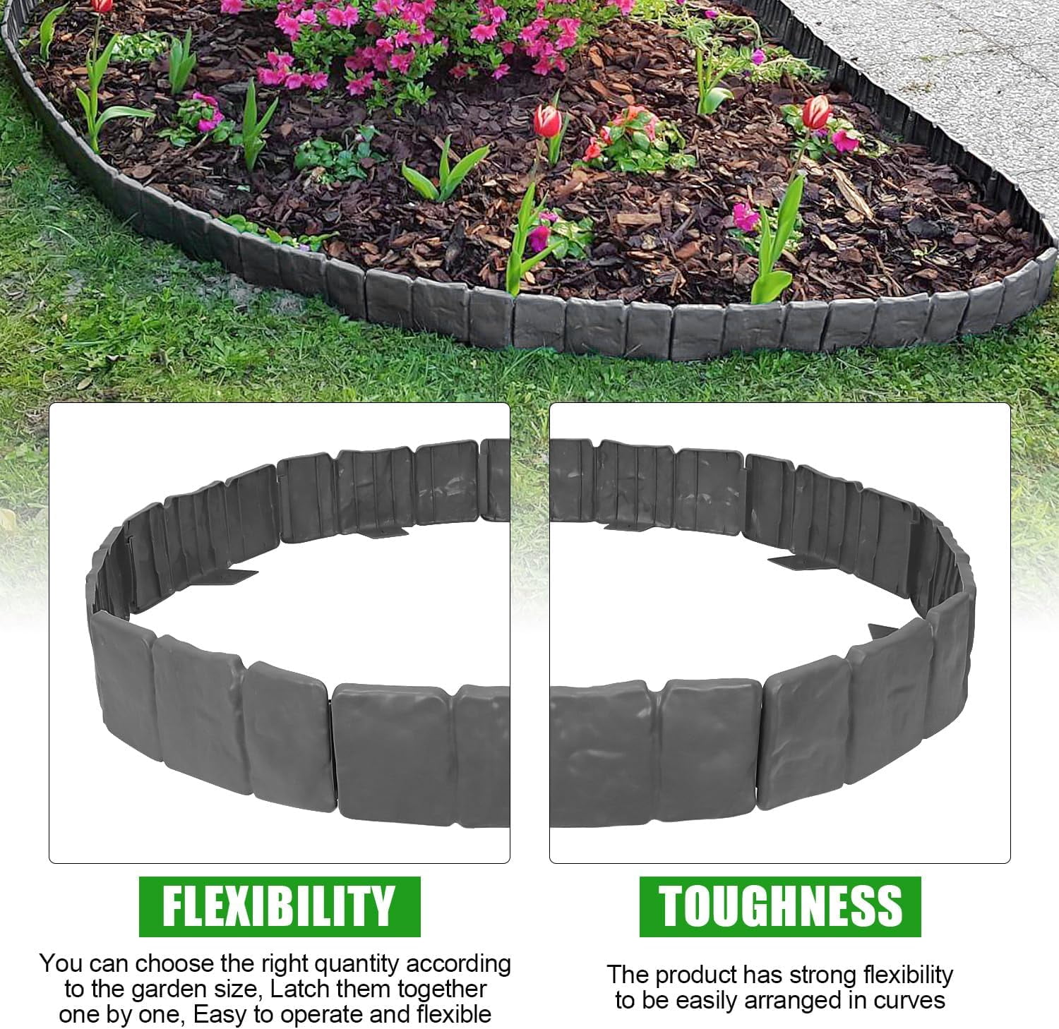 Garden Edging Border NO DIG, with Landscape Edging Anchoring Spikes, Gray Stone Effect Plastic Lawn Edging Fencing, Interlocking Yard Lawn Edging for Flower Bed | 24 Ft | 30Pcs | Gray |