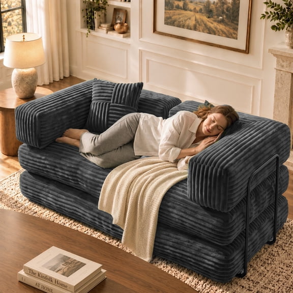 63"Convertible Sofa Bed,Boneless Corduroy Loveseat Sleeper Sofa With Memory Foam,Folding Floor Couch For Living Room,Apartment & Guest Room,No Assembly Required,Gray