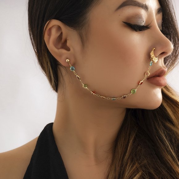 Firefly Hope Non-Piercing Dangling Face Jewelry, Ear to Ear Chain with Pearl Details, Gothic Bridal Headpiece, Golden C