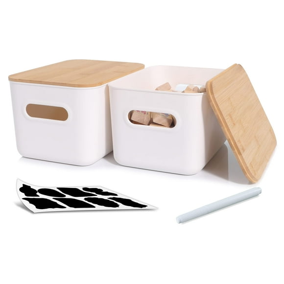 Citylife 2 PCS Storage Bins with Bamboo Lids Plastic Storage Containers for Organizing Stackable Storage Box with Handle 10.23 x 7.08 x 6.3 inch