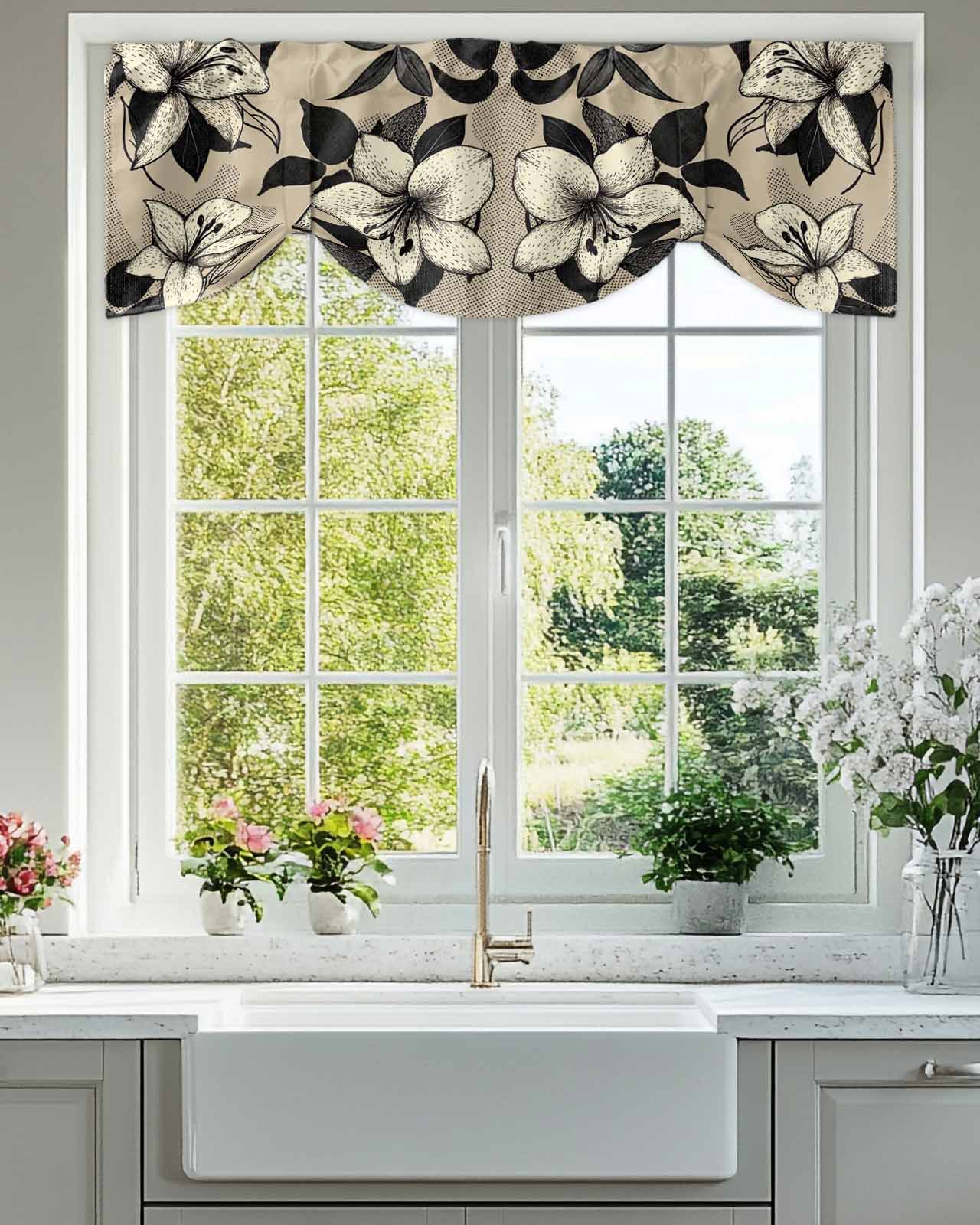 White Flowers Tie Up Valances Curtain, Black Leaf Vintage Khaki Background Kitchen Valances for Windows Decor, Rod Pocket Short Curtains Set for Bedroom/Bathroom, 54"x18"