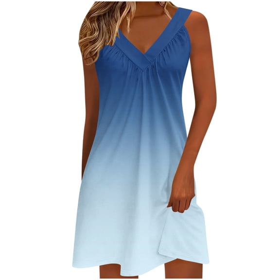 CHGBMOK Women Dresses Trendy Gradient Casual Dress V Neck Sleeveless Spaghetti Strap Dress Smocked Flowy Boho Midi Dresses