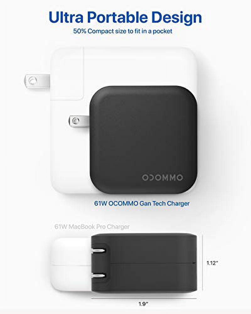 OCOMMO MacBook Pro USB C Charger [GaN Tech] 61W Fast Charging Power Delivery (PD 3.0) Compact Power Adapter with Foldable Plug for iPhone 11, Pro, Max, iPad Pro with Type-C, Samsung (Black)