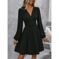 thumbnail image 2 of Women's Fall A-Line Midi Dress V-Neck Long Lantern Sleeve Elastic Waist Ruffle Flowy Swing Spring Dresses, 2 of 6