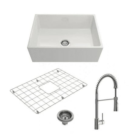 BOCCHI 1356-001-2020CH Apron Front Fireclay 27 Inch Single Bowl Kitchen Sink Kit