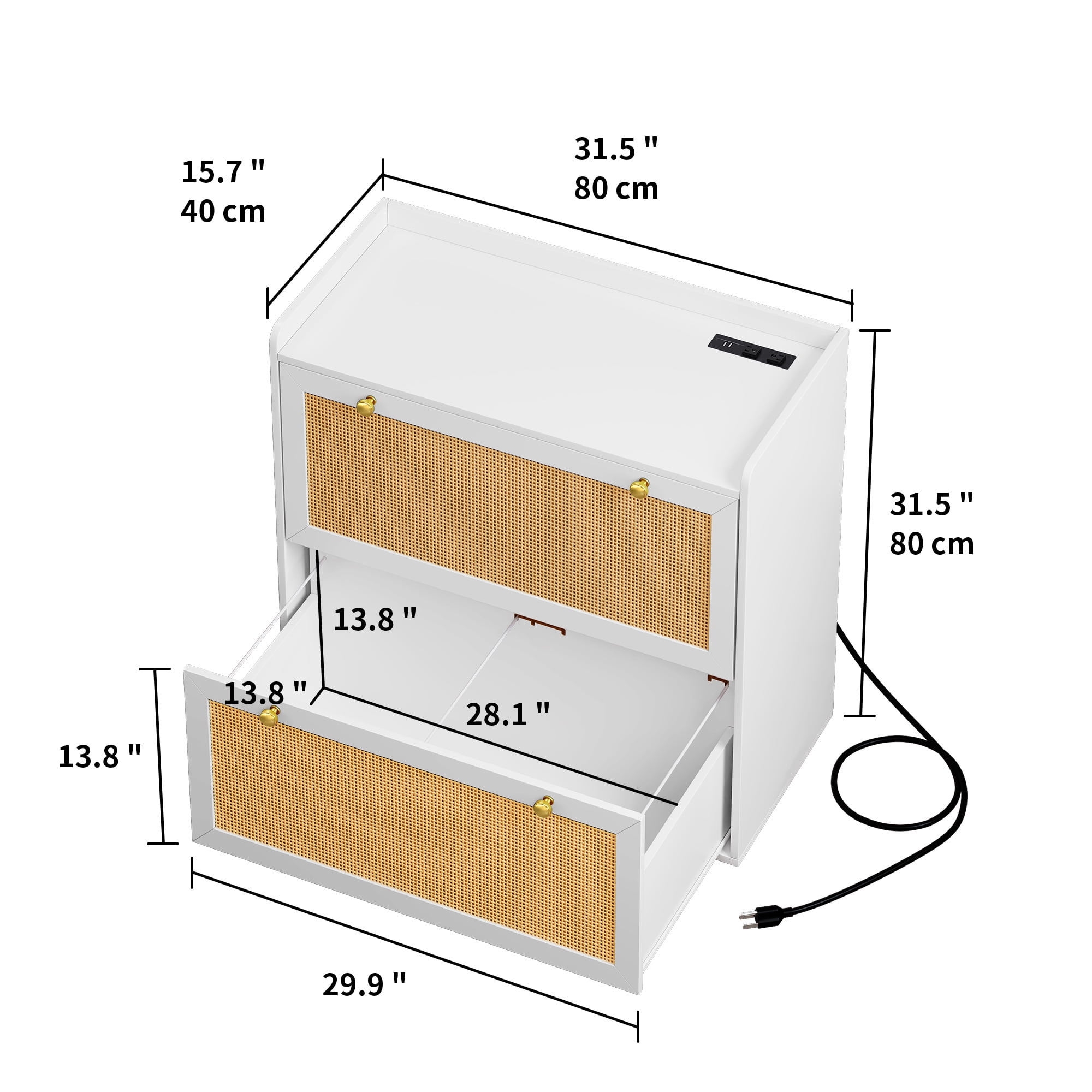 Dextrus Rattan 2 Drawer File Cabinet with Charging Station, Wood Lateral Filing Cabinet Printer Stand Fits A4 Letter Legal Size Files, White