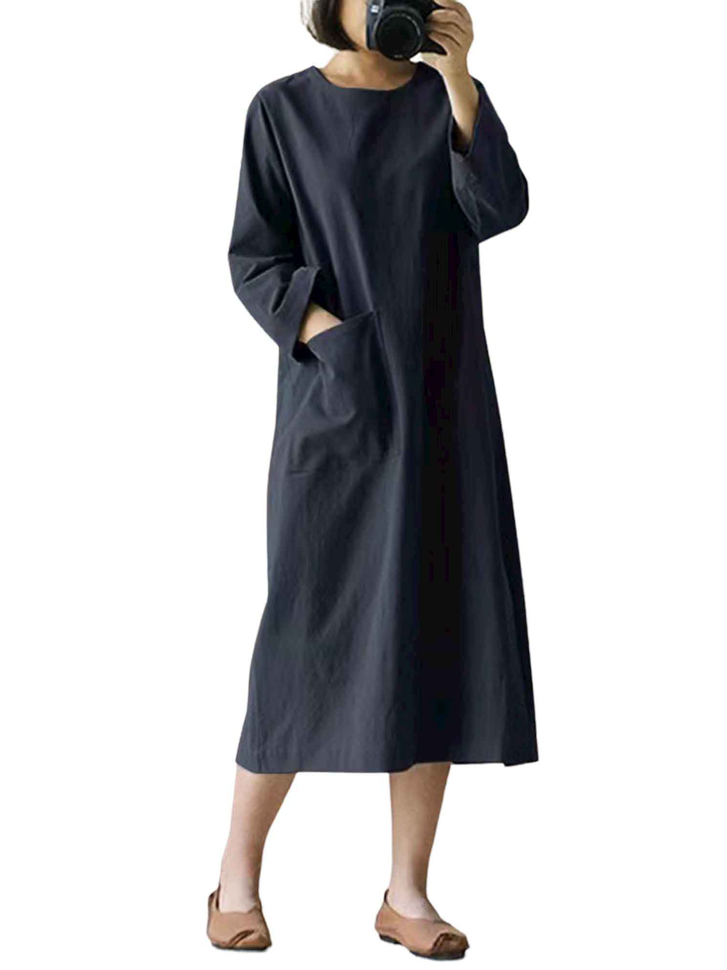 SpringTTC Women Elegant Pockets Solid Color Short Sleeve Cotton Linen ...