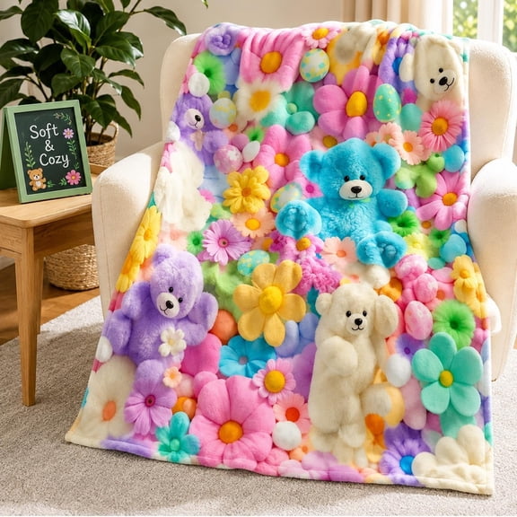 Pastel Floral Teddy Bear Print Throw Blanket, 59 X 79 in, Soft Cozy Plush Flannel Cover, Playful Accent Decor for Couch Bed Sofa(RL)