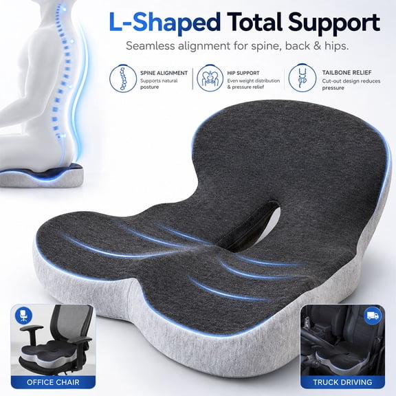 Ergonomic Memory Foam Seat Cushion for Truck Drivers & Office Chairs Home Chair Cushion Car Seat Cushion Desk Chair Non Slip Pad, Sciatica & Tailbone Pain Relief – Non-Slip, Long Sitting Comfort Pad