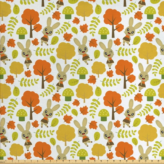 Autumn Fabric by the Yard Upholstery, Repeating Maple Leaves Tree Foliage Fall Season Print on Plain Backdrop, Decorative Fabric for DIY and Home Accents, White Pale Vermilion by Ambesonne