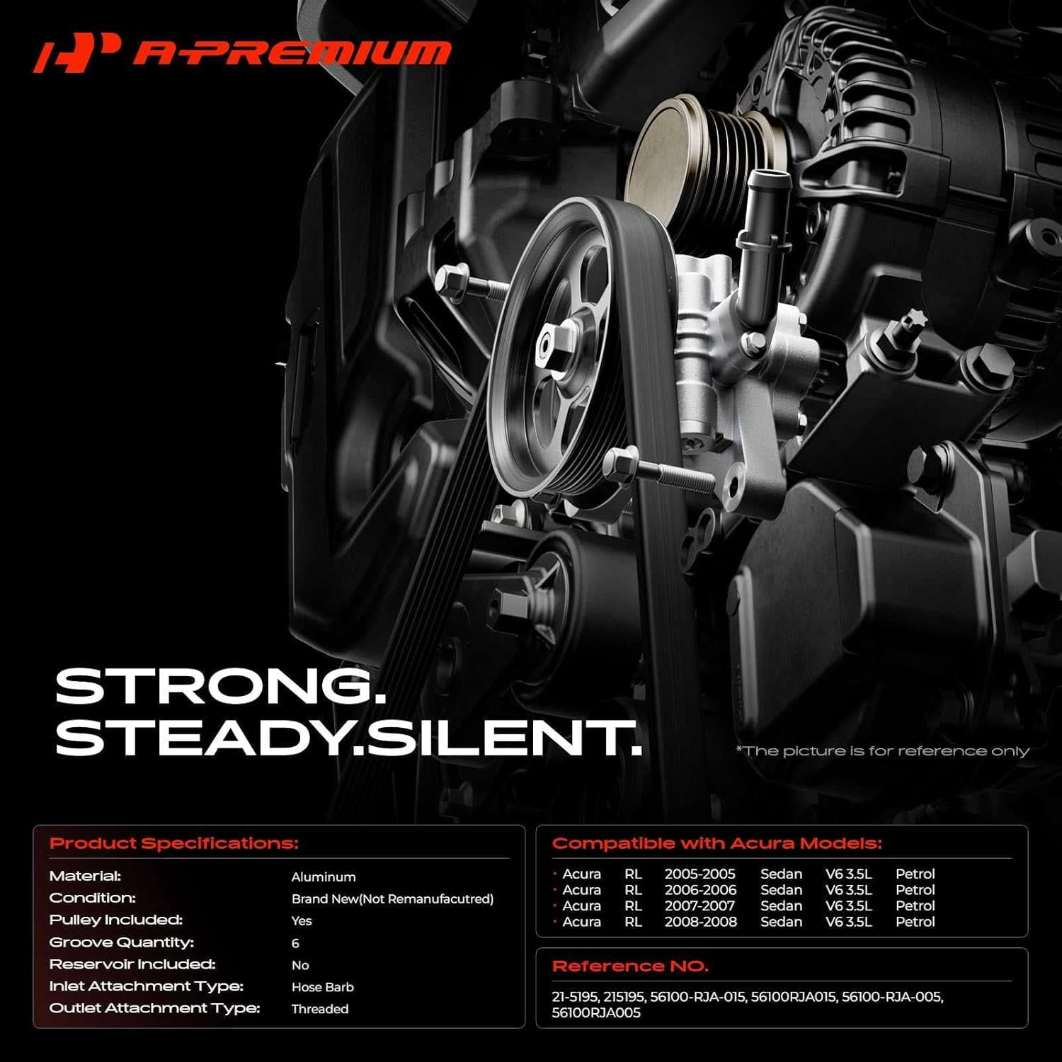 A-Premium Power Steering Pump with Pulley Compatible with Acura RL 2005 2006 2007 2008 3.5L Gas