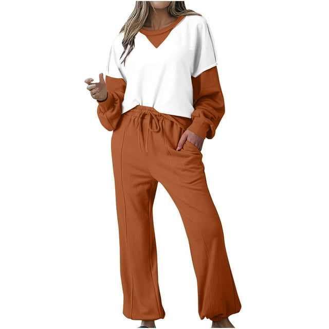 cfhntfmh Womens 2 Piece Sets Sweatsuit Long Sleeve Crewneck Color Block Sweatshirt Comfy Jogger Sweatpants Lounge Sets