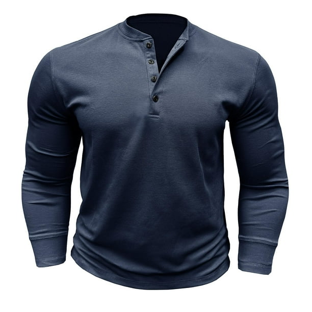 Camiseta de manga larga con botones y color liso para hombre, para otoño, mezcla de poliéster, cómoda e informal, varias tallas disponibles.