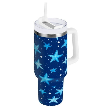 

30oz Travel Mug with Straw Car Bottle Insulated Mug with Handle Reusable Stainless Steel Water Bottle for Car Travel Home Blue Stars