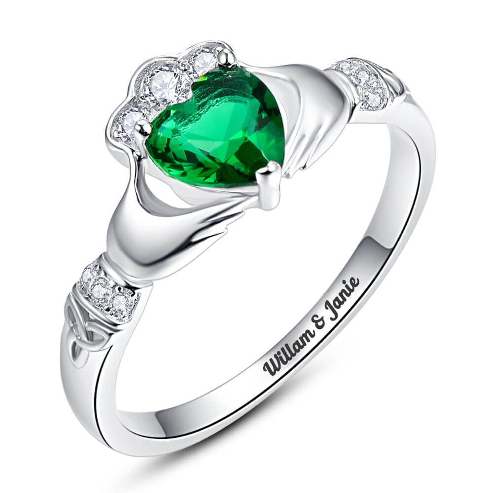 Personalized Sterling Silver Claddagh Ring for Women Mothers Name Rings with Simulated Birthstones Meaningful Heart Promise Rings with Cubic Zirconia