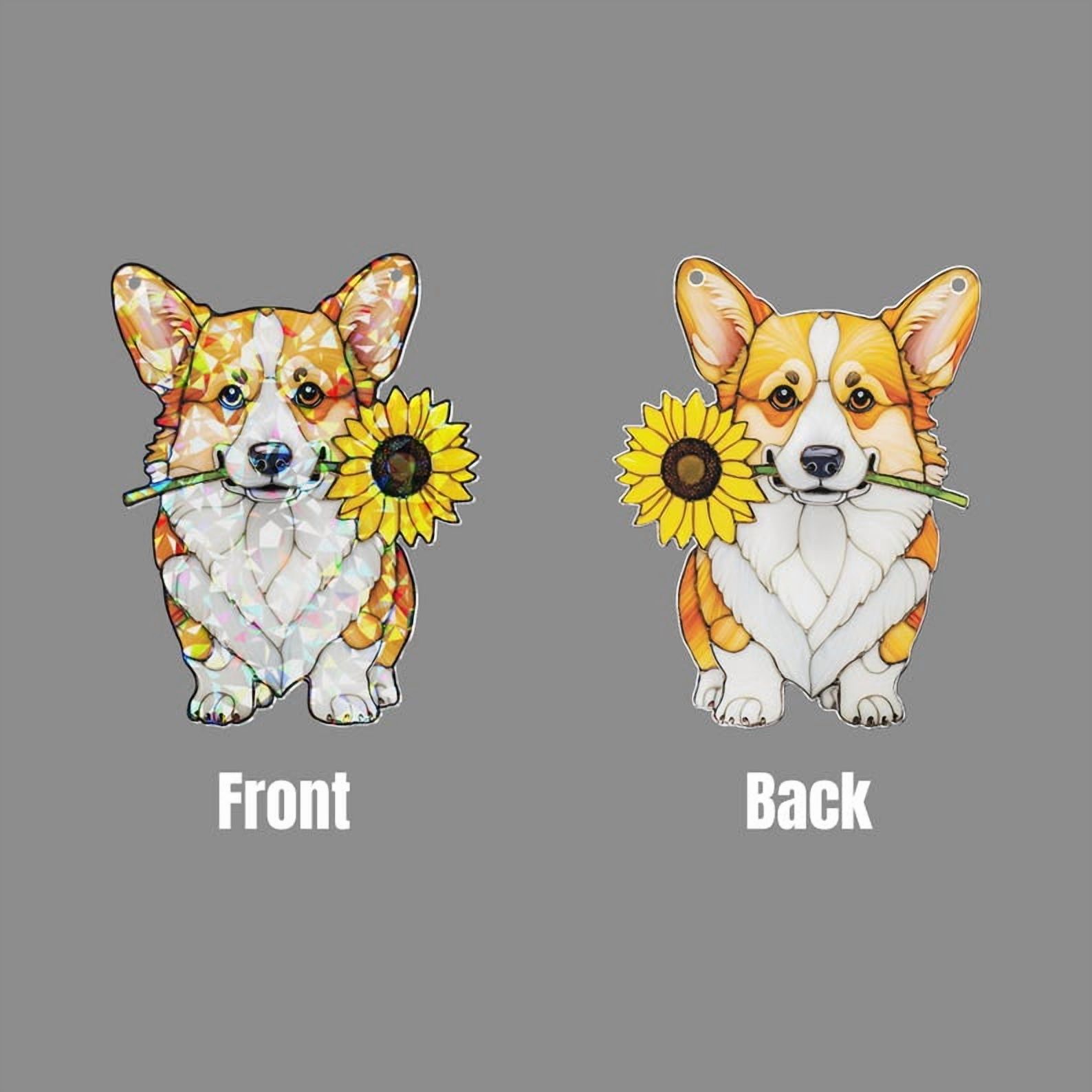 ViciArt Corgi & Sunflower Suncatcher, 4" Holographic Acrylic Window Hanging, Cute Dog Floral Decor